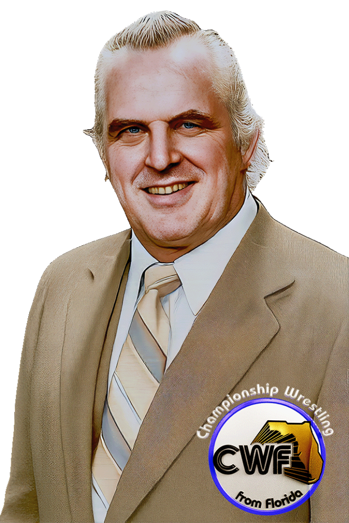 Eddie Graham, legendary promoter and wrestler of Championship Wrestling from Florida, wearing a suit and tie, symbolizing the golden era of Florida wrestling.