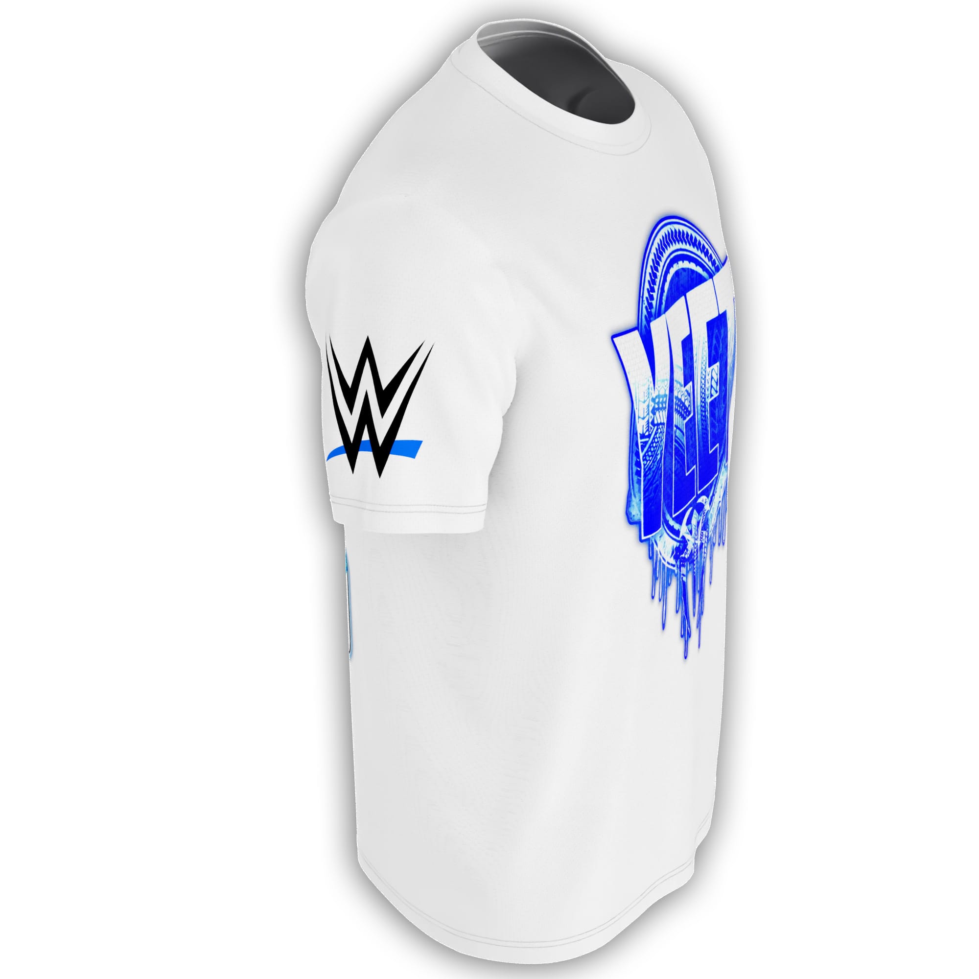 Side view of white Jey Uso YEET wrestling tee