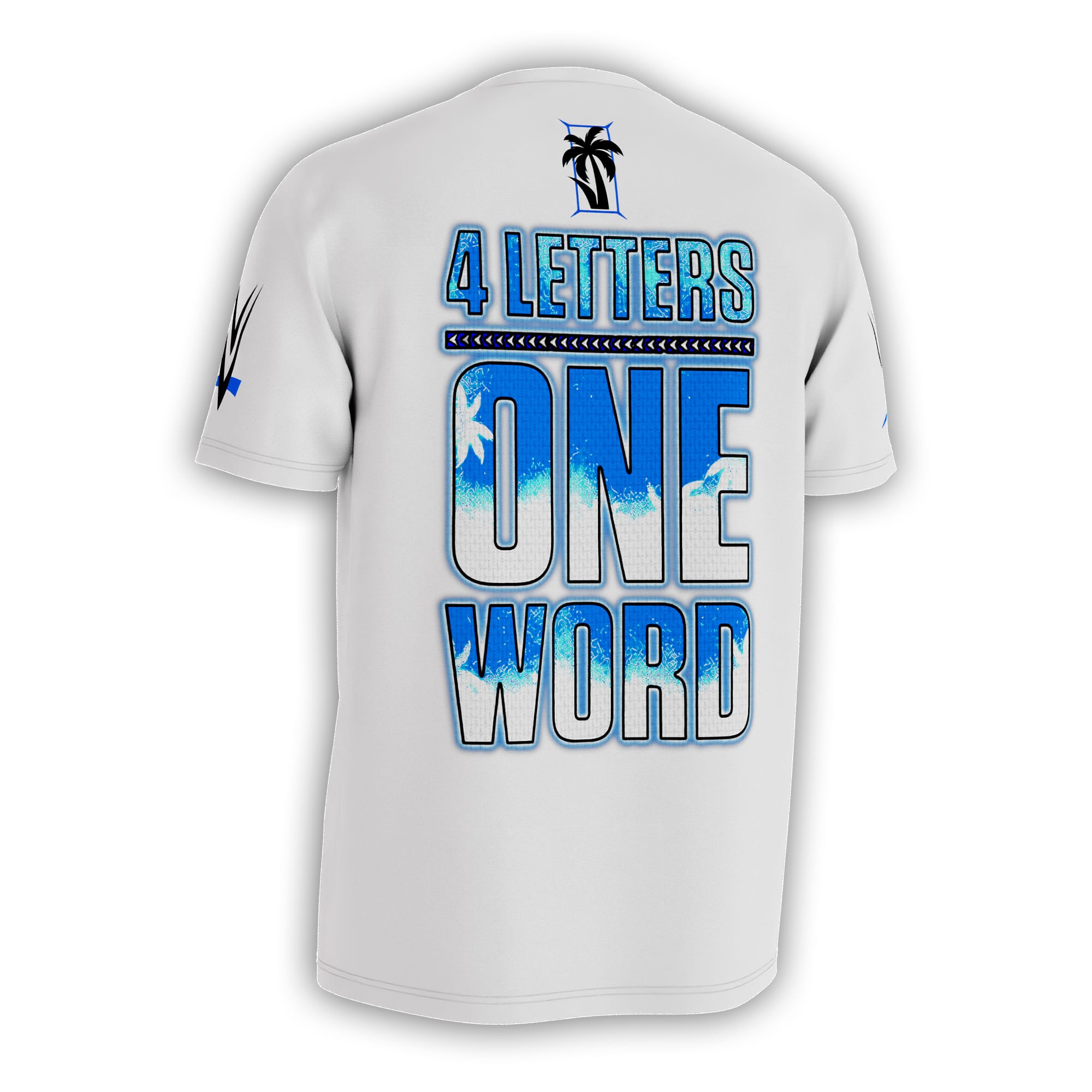 Back of white Jey Uso YEET wrestling tee with blue text