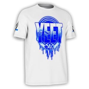 Front of white Jey Uso YEET wrestling tee with blue tribal graphics