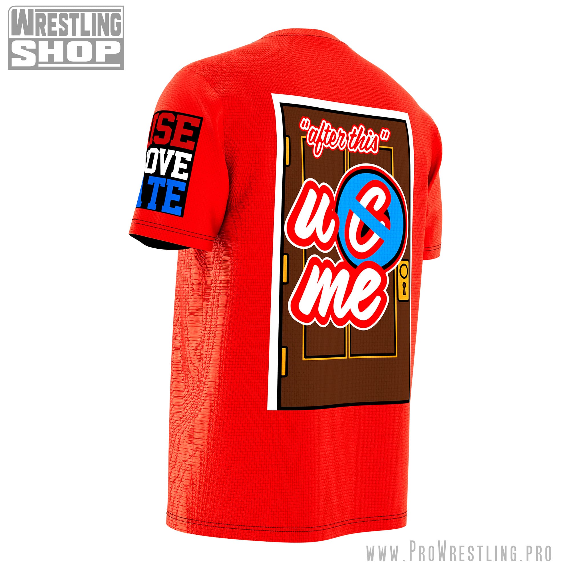 Sleeve detail of red John Cena farewell wrestling tee