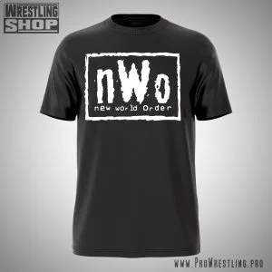 the black-and-white nWo Wrestling Tee, inspired by Hulk Hogan, Kevin Nash, Scott Hall, WCW Monday Nitro, and the Monday Night Wars — front view