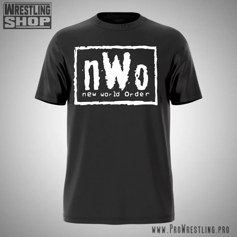the black-and-white nWo Wrestling Tee, inspired by Hulk Hogan, Kevin Nash, Scott Hall, WCW Monday Nitro, and the Monday Night Wars — front view