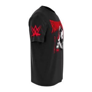 Step into the Island of Relevancy with this Roman Reigns black polyester shirt, showcasing bold front artwork and his iconic red Tribal Chief logo on the back.