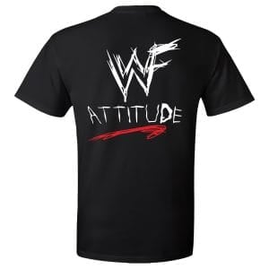 Back of WWE Attitude Era black wrestling tee featuring WWF Attitude graphic with red slash.
