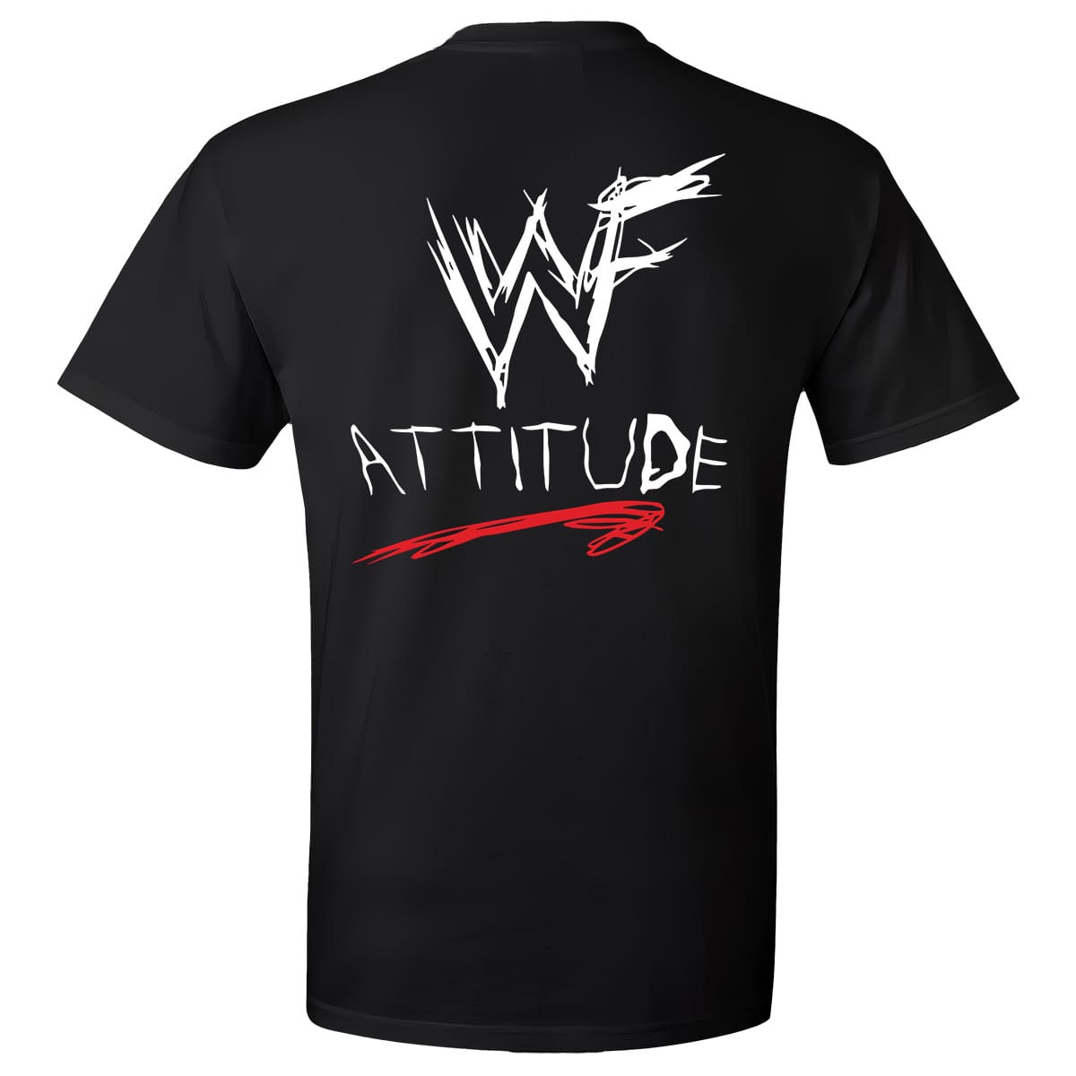 Back of WWE Attitude Era black wrestling tee featuring WWF Attitude graphic with red slash.
