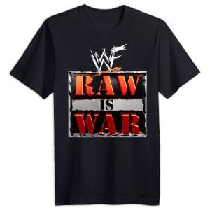 Front of WWE Attitude Era RAW IS WAR black wrestling tee with WWF logo above metal-frame design.