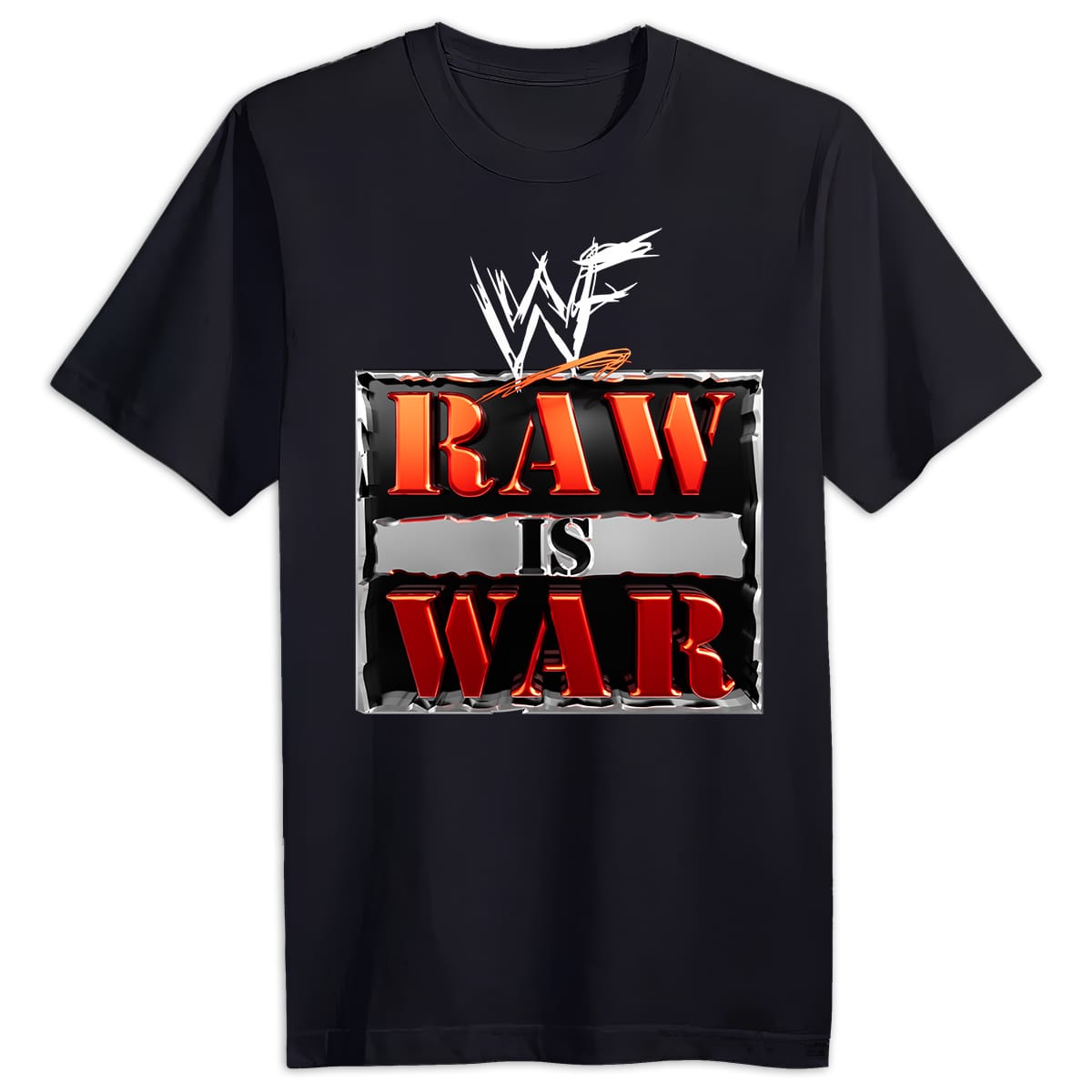 Front of WWE Attitude Era RAW IS WAR black wrestling tee with WWF logo above metal-frame design.
