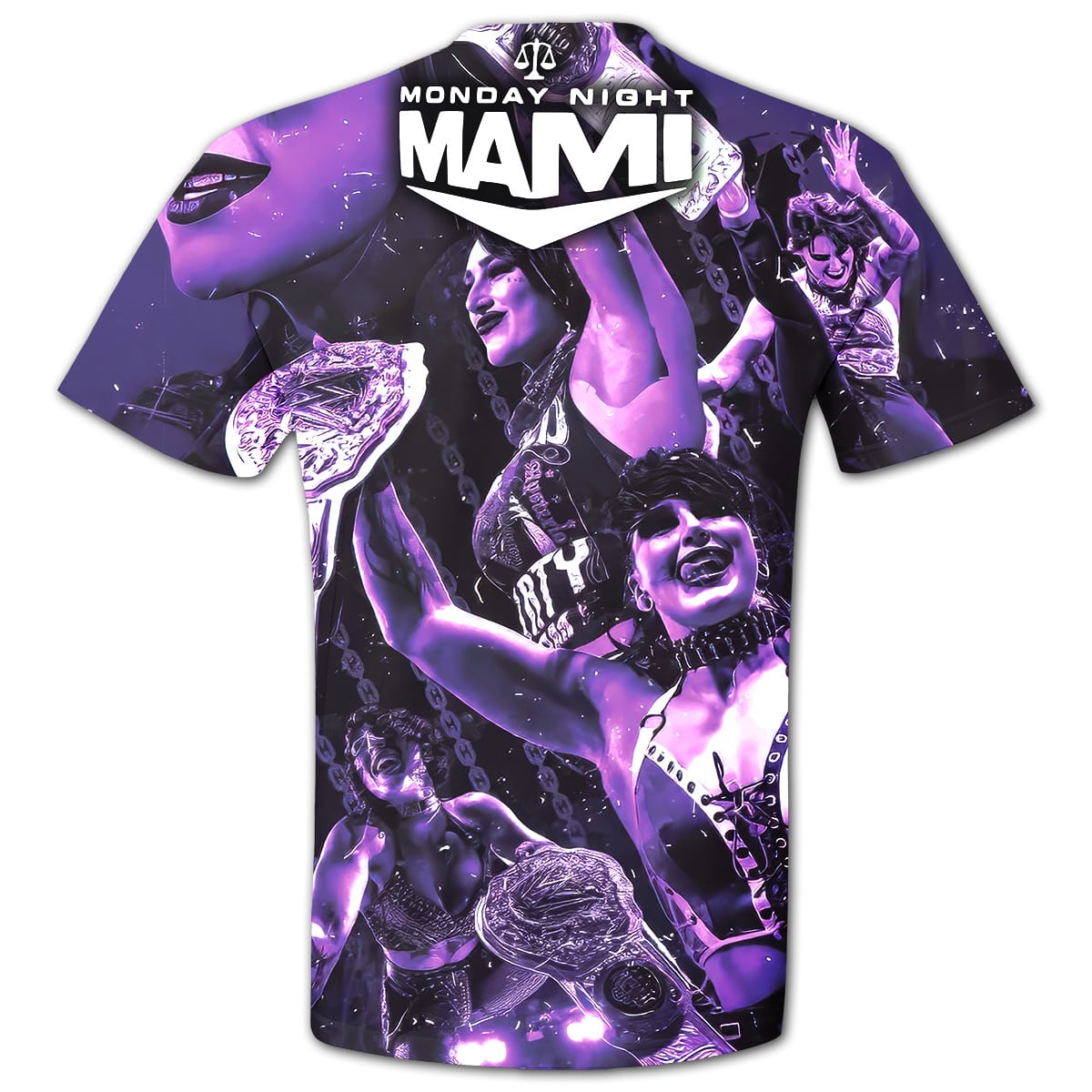 Rhea Ripley Monday Night Mami Full-Print Wrestling Tee Back – Purple All-Over Print WWE Women’s Champion Artwork