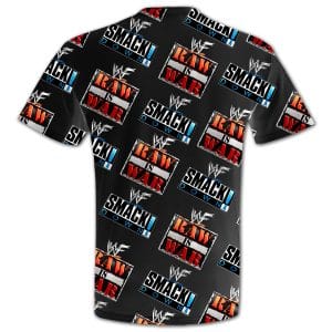 WWF Attitude Era All-Over Print Tee Back – Repeating RAW IS WAR and SmackDown TV Logos on Black