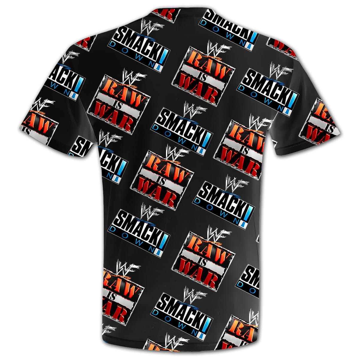WWF Attitude Era All-Over Print Tee Back – Repeating RAW IS WAR and SmackDown TV Logos on Black