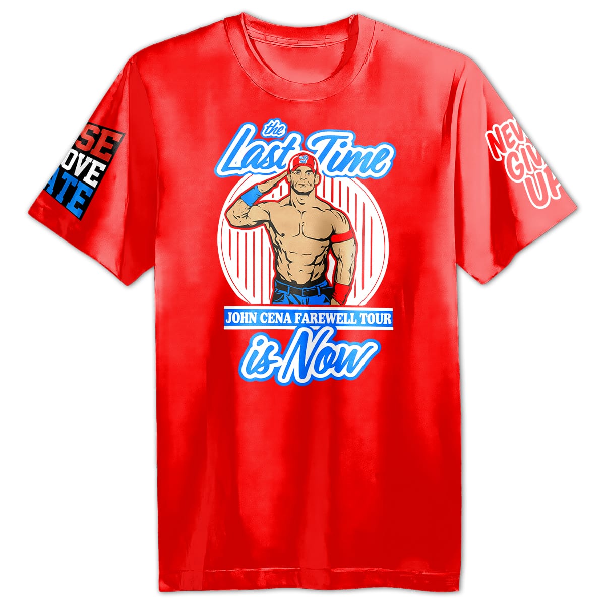 Front of red John Cena farewell wrestling tee with saluting portrait
