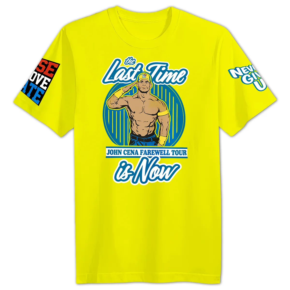 Front view of John Cena Wrestling Tee | Yellow Farewell Tour.