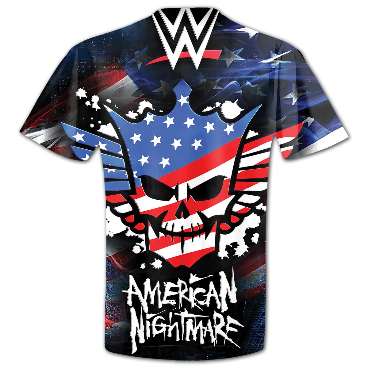 Back of the Cody Rhodes “American Nightmare” full-print wrestling shirt featuring a large patriotic skull logo and the bold “American Nightmare” text in white.