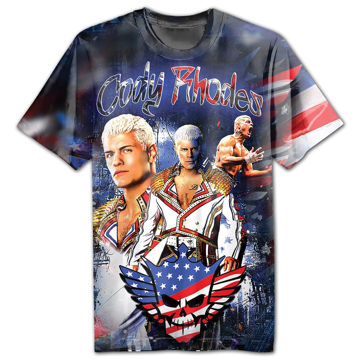 Front of Cody Rhodes American Nightmare full-print wrestling shirt