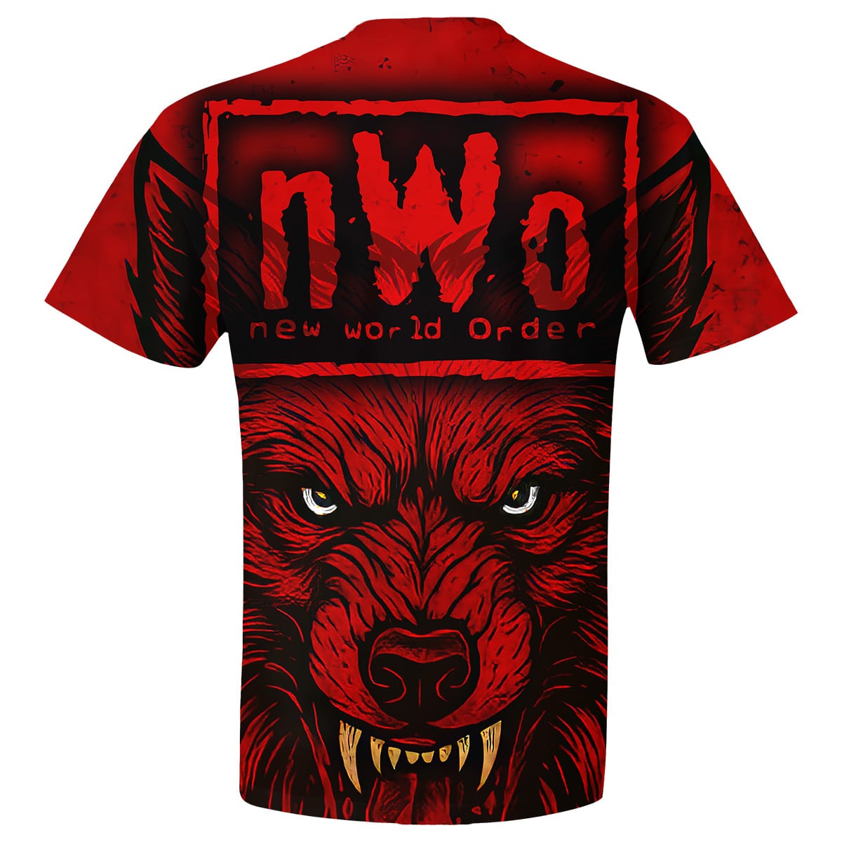 Alternate product view of the nWo Wolfpac Wrestling Tee, inspired by Kevin Nash, Sting, Konnan, Lex Luger, Randy Savage, and the red-and-black Wolfpac era.