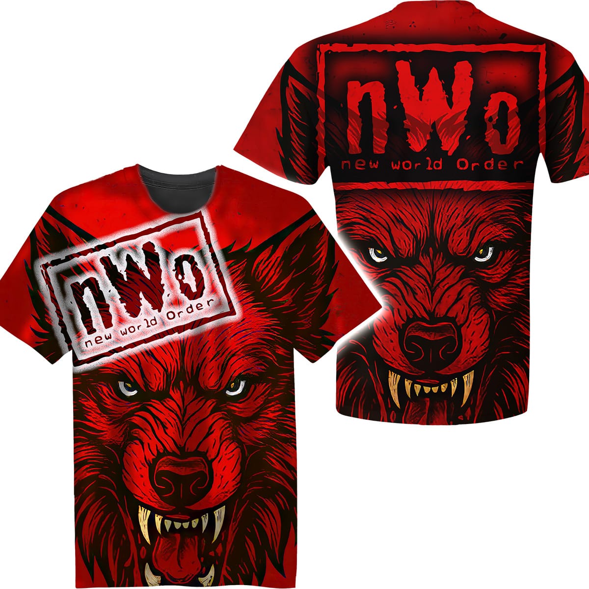 the nWo Wolfpac Wrestling Tee, inspired by Kevin Nash, Sting, Konnan, Lex Luger, Randy Savage, and the red-and-black Wolfpac era. shown in an additional product photo.