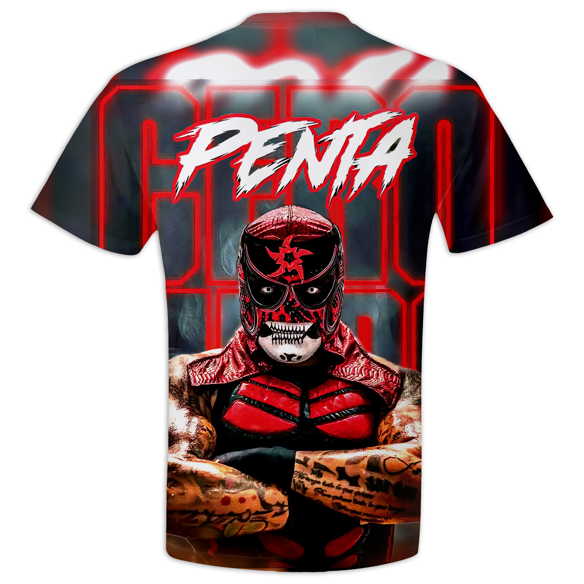 Back view of Penta El Zero Miedo full print wrestling tee showing extended flame graphics, bold red PENTA lettering, and the continuation of his iconic mask design