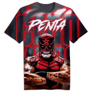 Front view of WWE Penta El Zero Miedo full print pro wrestling tee featuring his masked pose, fiery red-and-black flame design, and bold PENTA logo