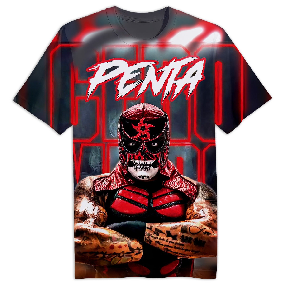 Front view of WWE Penta El Zero Miedo full print pro wrestling tee featuring his masked pose, fiery red-and-black flame design, and bold PENTA logo