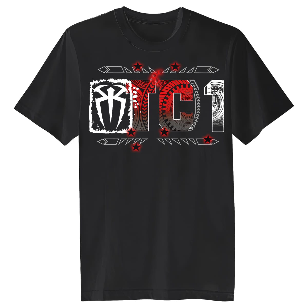 Front of black OTC 1 Roman Reigns tee featuring stylized white logo across the chest with red stars and tribal accents.