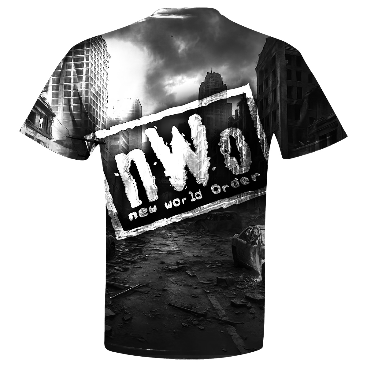 Back of WCW Nitro × nWo full-print wrestling tee showing nWo New World Order logo against apocalyptic city ruins.