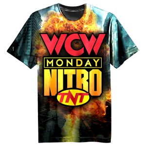 Front of WCW Nitro × nWo full-print wrestling tee featuring explosive WCW Monday Nitro logo and fiery city backdrop.