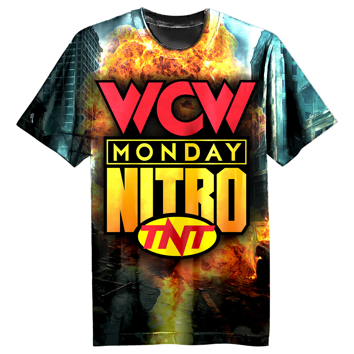 Front of WCW Nitro × nWo full-print wrestling tee featuring explosive WCW Monday Nitro logo and fiery city backdrop.