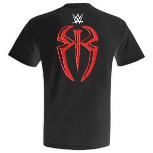 Back of black Roman Reigns OTC wrestling tee with red emblem