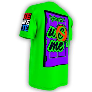 Limited edition John Cena Farewell Tour 2025 shirt for WWE fans—bright green, full-color graphics, salute design, and iconic motivational slogans.