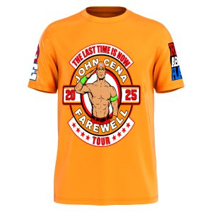 Celebrate John Cena’s Farewell Tour 2025 with this orange polyester pro wrestling tee featuring classic U C Me and Rise Above Hate logos, available up to 4XL at Shop Wrestling Network.