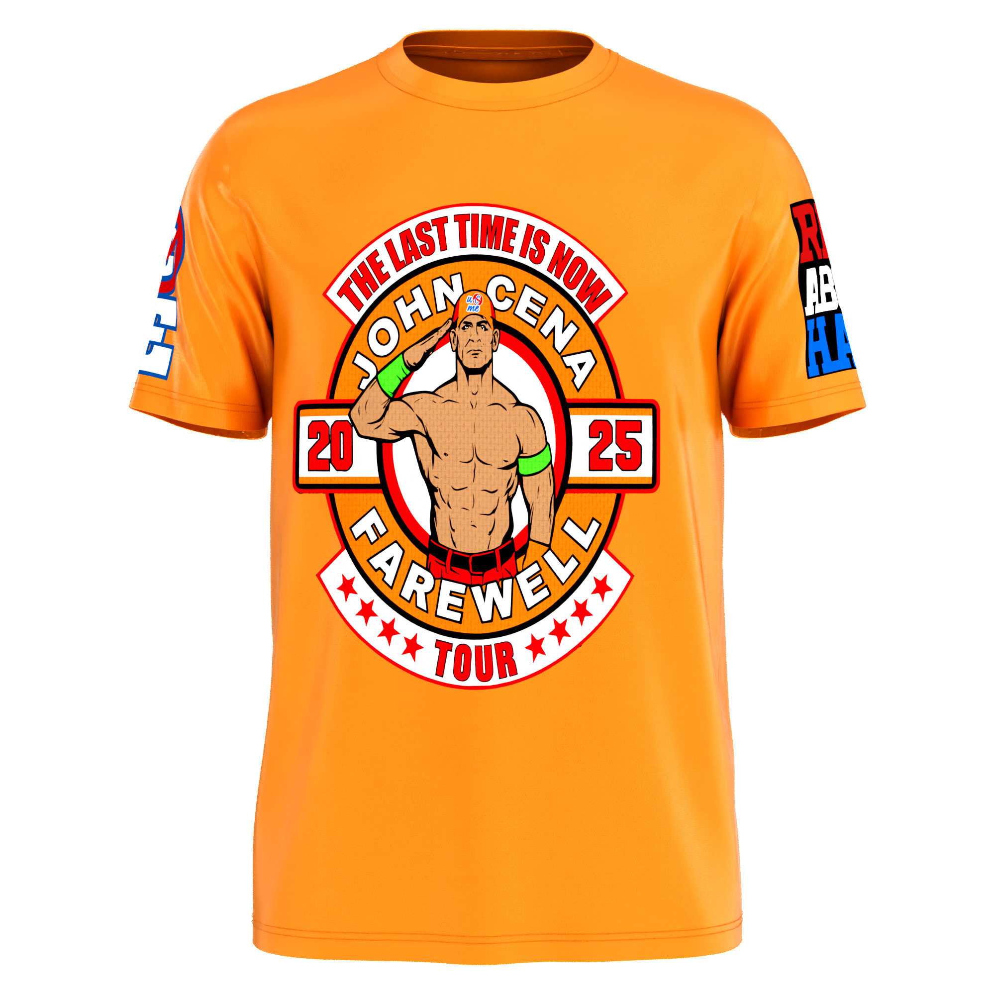 Celebrate John Cena’s Farewell Tour 2025 with this orange polyester pro wrestling tee featuring classic U C Me and Rise Above Hate logos, available up to 4XL at Shop Wrestling Network.