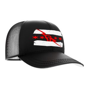 Adjustable black CM Punk trucker hat featuring the iconic Chicago flag fist and lightning logo. Shop straight-edge wrestling merch at WrestlingTees.net today.