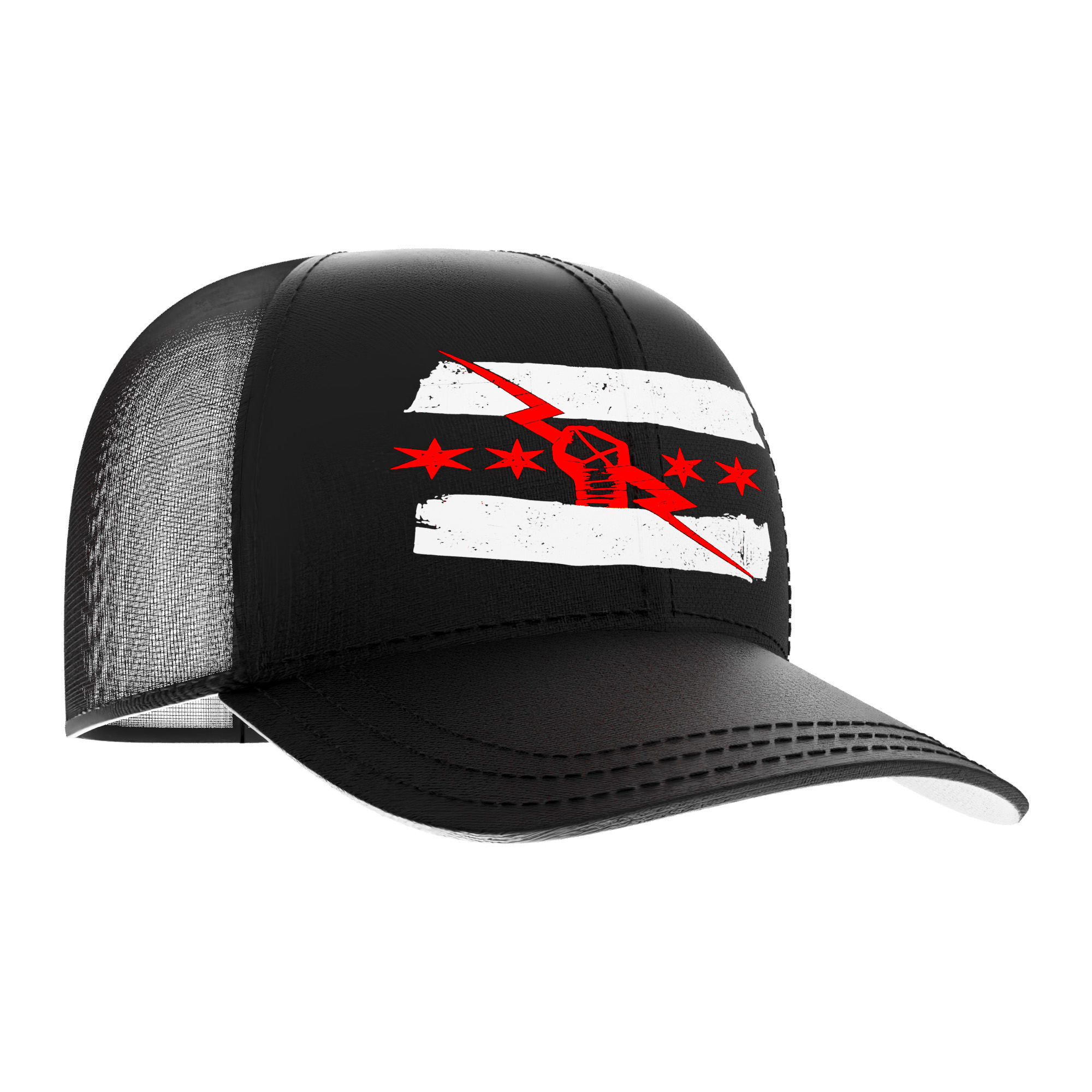 Adjustable black CM Punk trucker hat featuring the iconic Chicago flag fist and lightning logo. Shop straight-edge wrestling merch at WrestlingTees.net today.