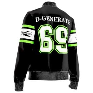 D-Generation X wrestling jacket with iconic DX artwork, jersey lettering, and neon-green accents. Perfect for Attitude Era fans and wrestling collectors.