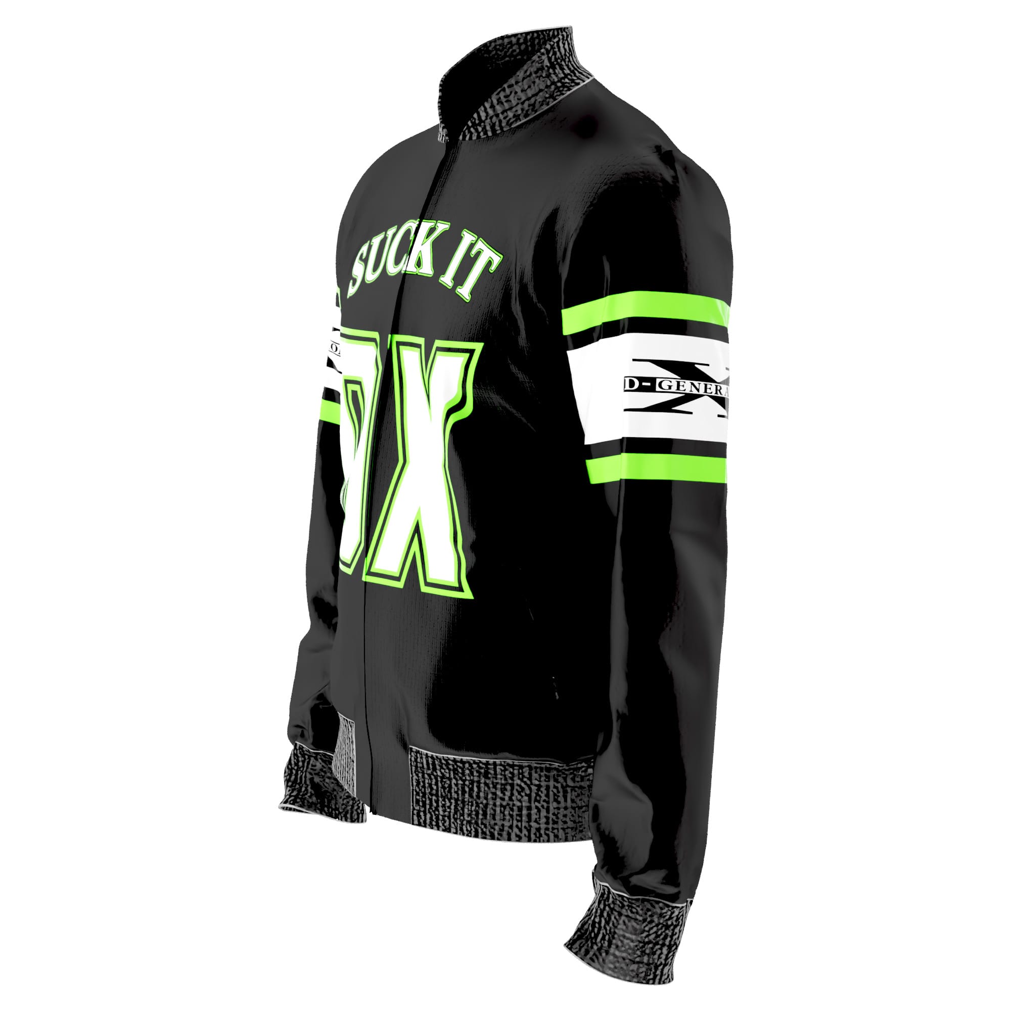 Retro DX bomber jacket from WrestlingTees.net. Full-print design, high-detail graphics, and classic D-Generation X styling for true wrestling fans.