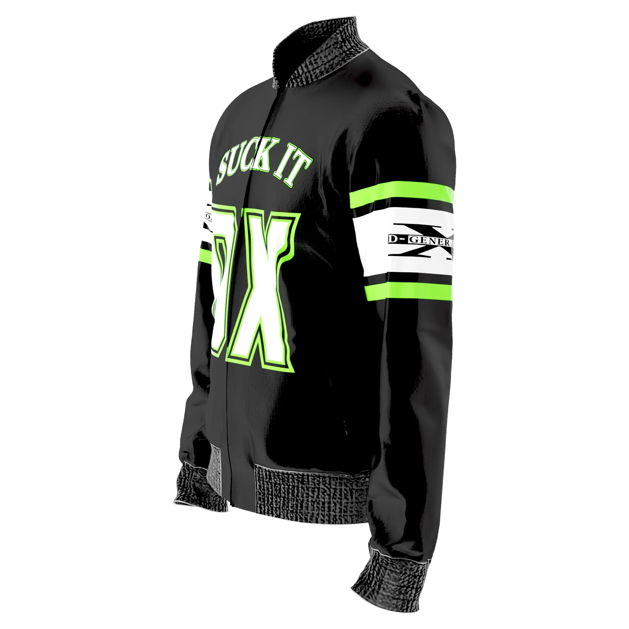 Product detail image of the D-Generation X Wrestling Jacket inspired by Triple H, Shawn Michaels, Chyna, X-Pac, the New Age Outlaws, and Attitude Era style.