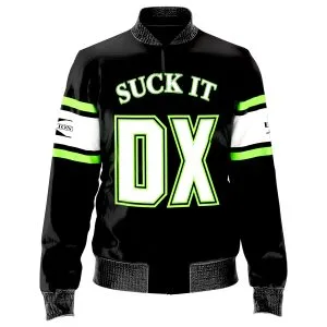 Product detail image of the D-Generation X Wrestling Jacket inspired by Triple H, Shawn Michaels, Chyna, X-Pac, the New Age Outlaws, and Attitude Era style.