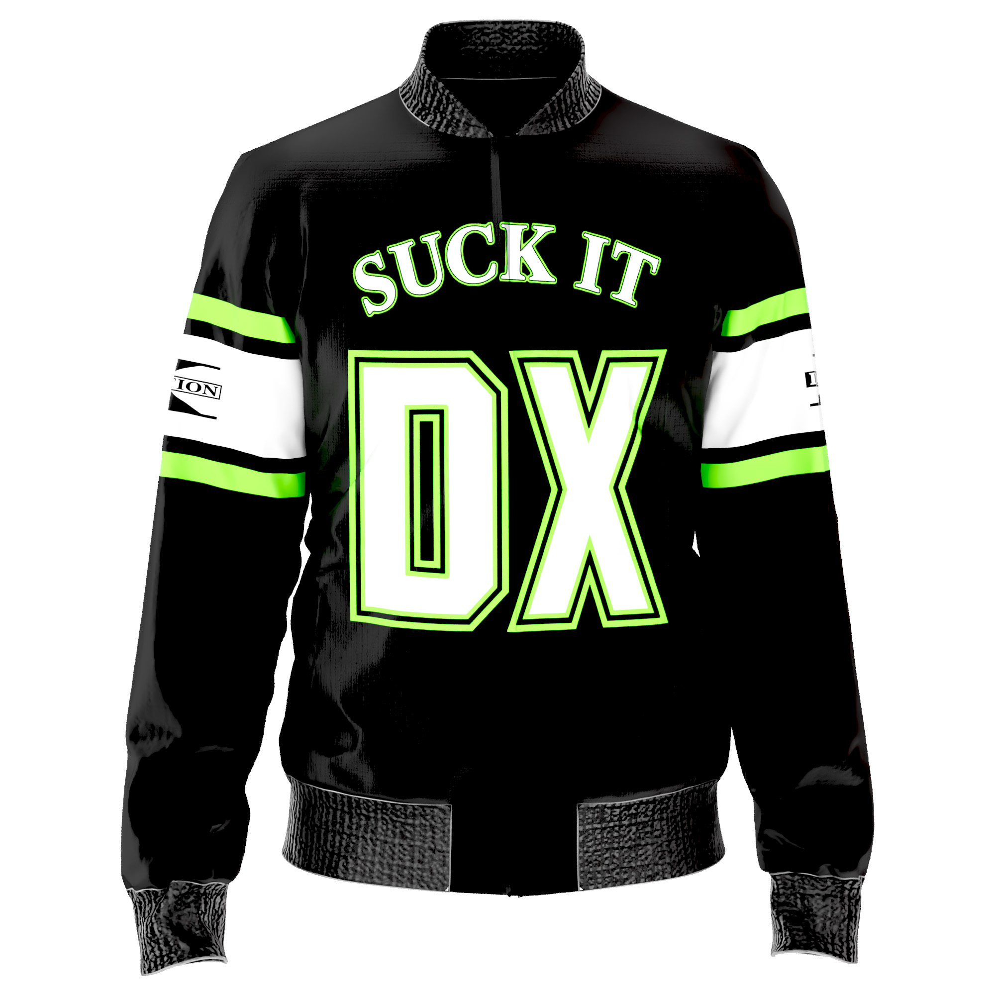 Shop the DX full-print bomber jacket inspired by WWE’s Attitude Era legends. Premium polyester, bold faction logos, and authentic retro wrestling style.