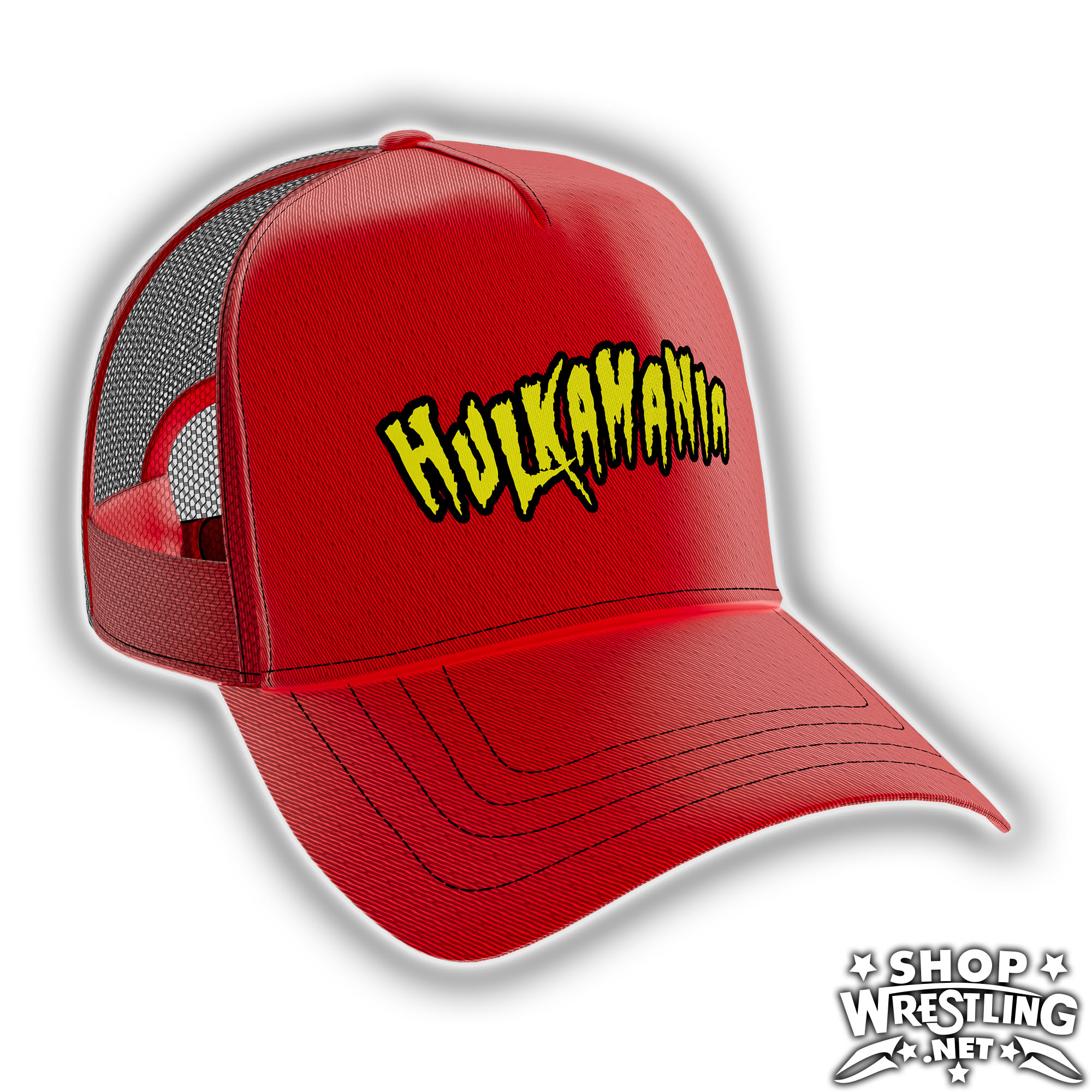 Hulkamania red hat with jagged yellow logo, adjustable fit, and lightweight polyester/cotton blend. A must-have for old-school wrestling collectors and fans of Hulk Hogan’s legendary career.
