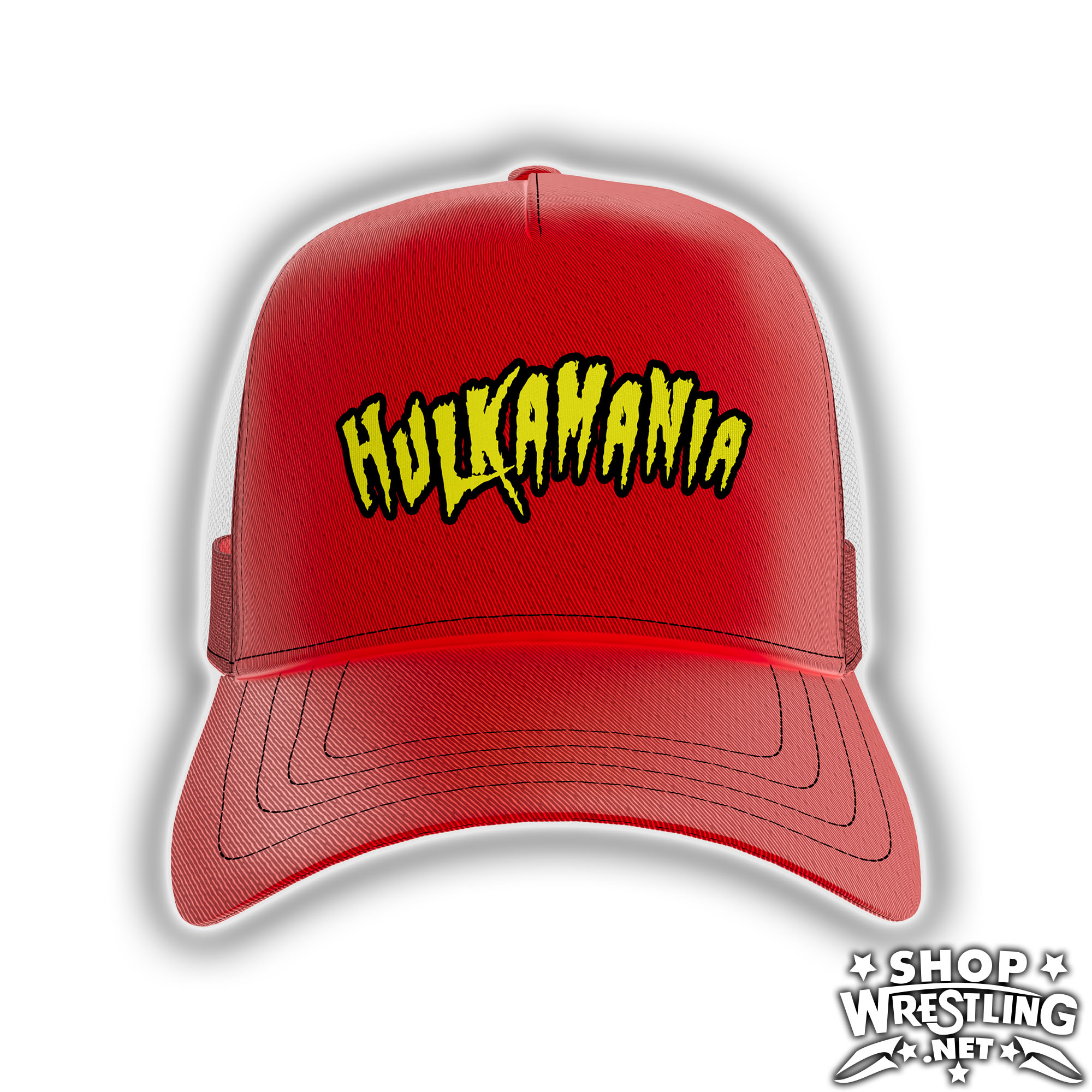 Red Hulkamania adjustable hat inspired by classic 80s Hulk Hogan. Mixed polyester/cotton snapback featuring the iconic yellow logo. Perfect for retro wrestling fans, collectors, and anyone repping the golden era.