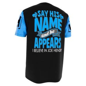 Back of blue and black Joe Hendry wrestling tee