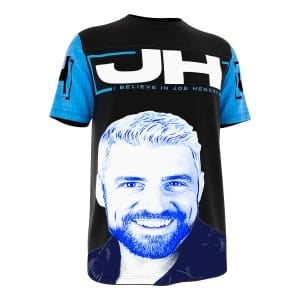 Front of black and blue Joe Hendry wrestling tee