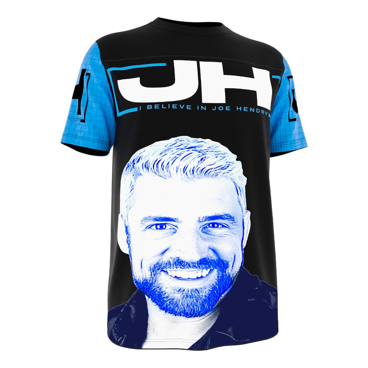 Front of black and blue Joe Hendry wrestling tee