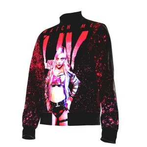 the Liv Morgan Wrestling Jacket featuring Liv Morgan, pink WWE style, and modern women's wrestling energy for pro wrestling fans, collectors, and live-event wear. shown in an additional product photo.