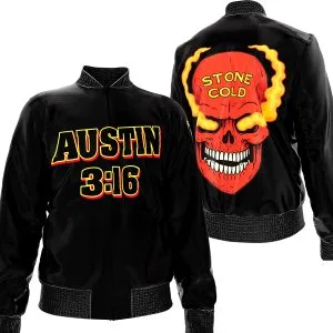 Product detail image of the Austin 3:16 Wrestling Jacket featuring Austin 3:16, Smoking Skull, and Attitude Era attitude for pro wrestling fans, collectors, and live-event wear.
