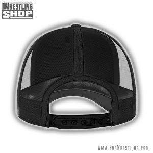 Black Undertaker trucker hat featuring the iconic cross and Undertaker name. Adjustable fit with classic WWE Deadman style for true wrestling fans.