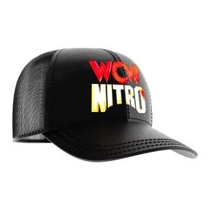 Side view of black WCW Nitro adjustable wrestling hat