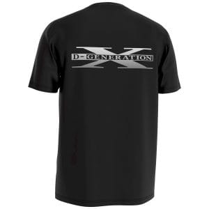 Back of D-Generation X wrestling tee with large DX logo in bold silver lettering across the shoulders on a black cotton shirt.