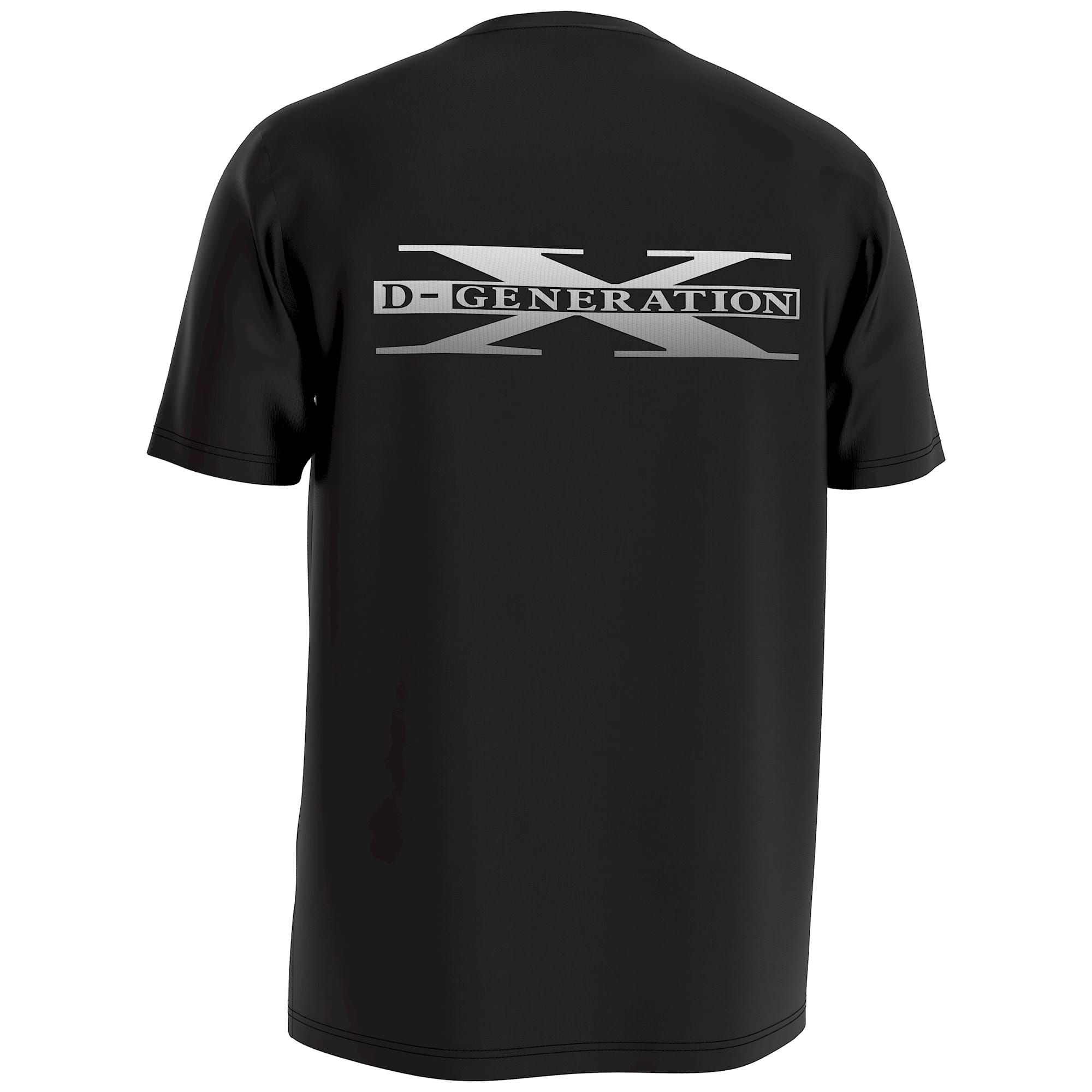 Back of D-Generation X wrestling tee with large DX logo in bold silver lettering across the shoulders on a black cotton shirt.